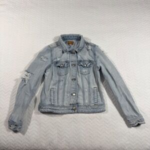 American Eagle Womens M Light Wash Distressed Denim‎ Jean Jacket Trucker Grunge